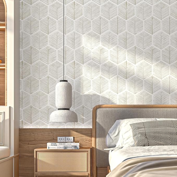 MelunMer Geometric Peel and Stick Wallpaper Boho Beige White 17.3''×393'' | Beige Modern Self Adhesive Removable Wallpaper for Bathroom Waterproof Cabinets Drawer, Decor Easy to Install Renter Friendly