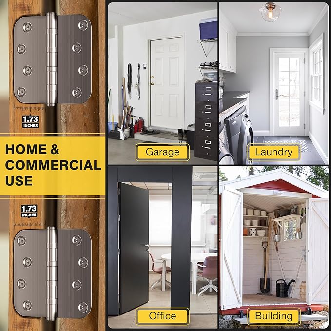 KOLET Ball Bearing Door Hinges, 4 x 4 Inches Door Hinges, 5/8'' Radius Corner Hinges, Heavy Duty Stainless Steel, Smooth and Quiet, Non Removable Pin, Brushed Nickel, 6 Pack