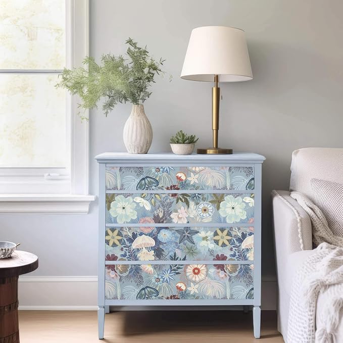 Ismoon Floral Peel and Stick Wallpaper Vintage Blue Contact Paper Jellyfish Ocean Stick on Wall Paper Removable Self Adhesive Vinyl Wallpaper for Bedroom Wall Decor Cabinet Refurbishment 17.3x393in