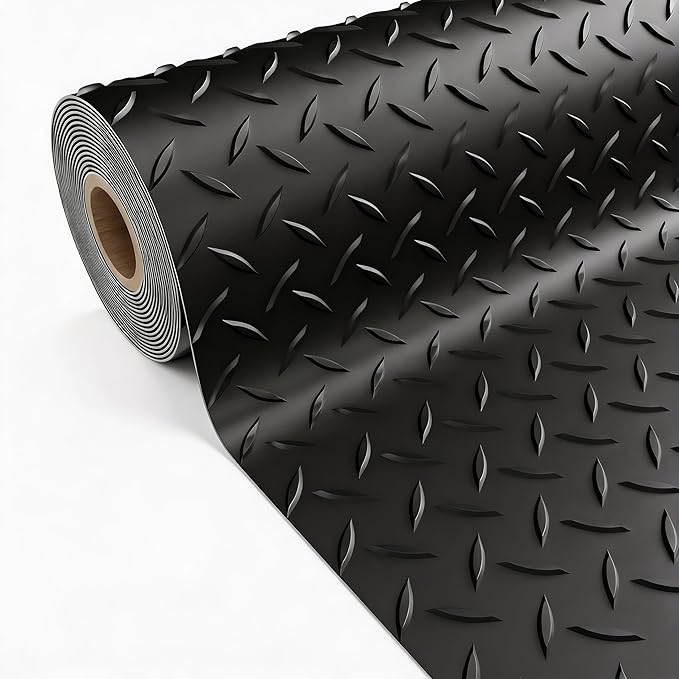 5x20 FT Garage Floor Mat, 2.8mm Thickened PVC Flooring Roll for Under Car, Golf Cart Parking Mat, Diamond Plate Black Motorcycle Mat for Warehouse, Basement, Gyms, Trailer（Included Tapes）