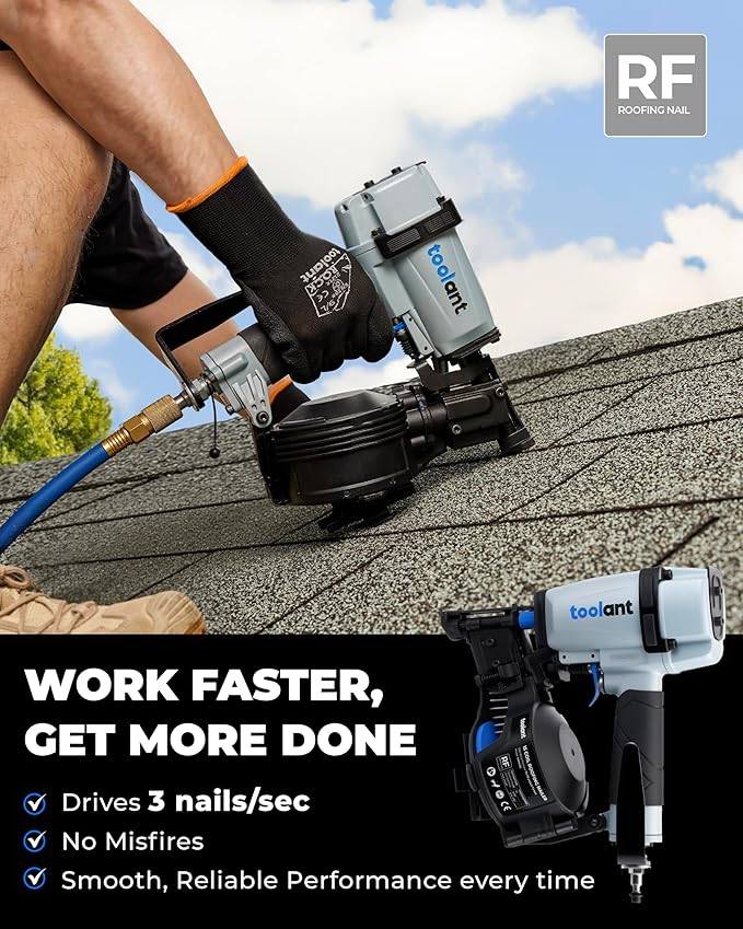 toolant Roofing Nailer, Pneumatic Roofing Nail Gun for 3/4" to 1-3/4" Nails, 120 Coil Capacity, 70-120 PSI, 15 Degree, Heavy Duty Roofing Tool for Asphalt Roofing Shingles, Fencing, and Wood Siding
