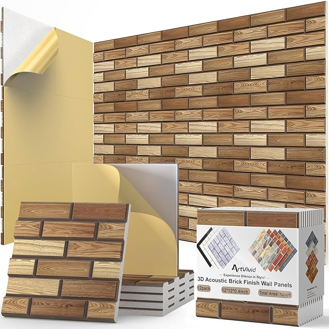 12Pack Acoustic Panels, 12"×12"×0.4" Self-Adhesive 3D Brick Pattern Sound Proof Panels for Walls, High Density Decorative Acoustic Foam for Recording Studios, Offices, Faux Wood Grain Print