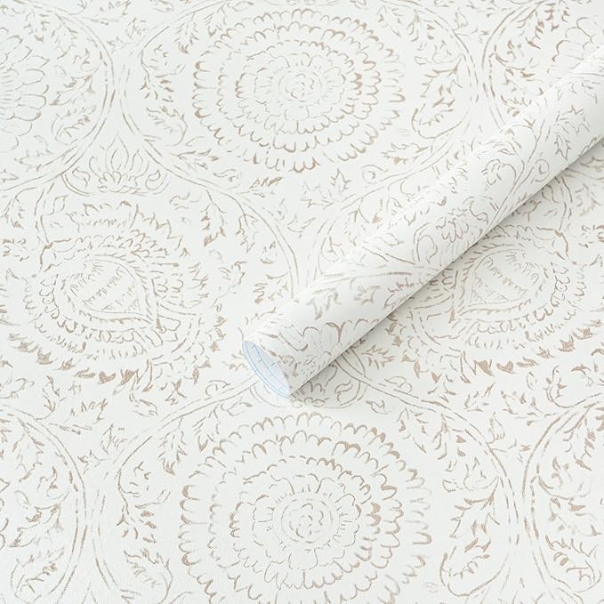 Heroad Boho Peel and Stick Wallpaper Modern Floral Wall Paper Neutral Beige Contact Paper Self Adhesive Removable Renter Friendly Wallpaper for Bedroom Living Room Cabinet Shelf Liner 17.3'' x 362''