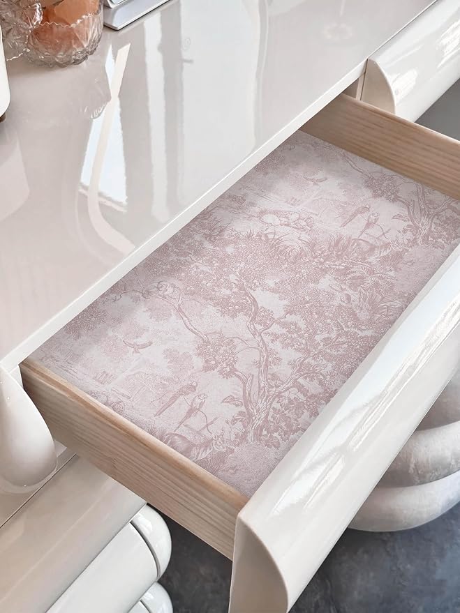 Heroad Peel and Stick Wallpaper Pink and White Vintage Forest Animals Floral Wallpaper Removable Self-Adhesive Contact Paper for Bedroom Living Room Cabinets Decoration Thicken Vinyl 17.3" x 78.7"