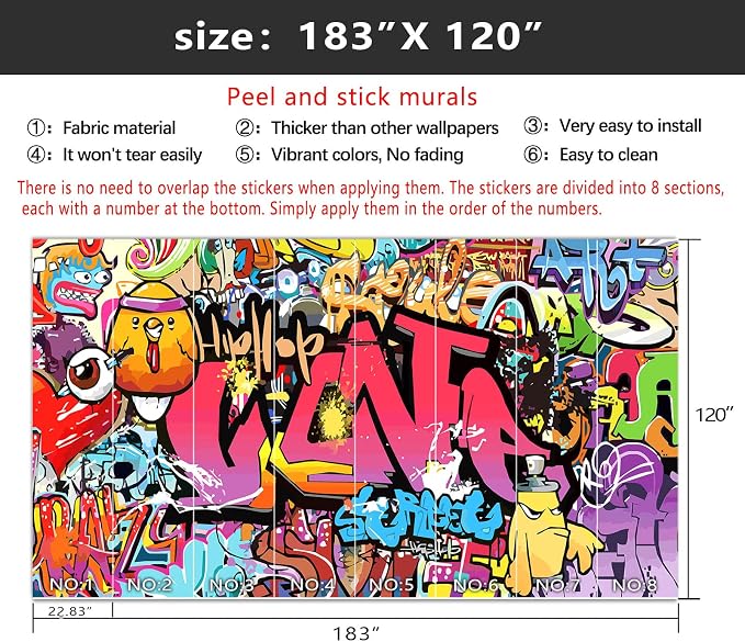 YIHWM-Peel and Stick Colorful Graffiti Wallpaper Pink Street Art wall Mural | Tear-resistant,with a substantial feel;Will not be damaged during repositioning.Boy's Room,kids room wallpaper.XXL-183"x120"