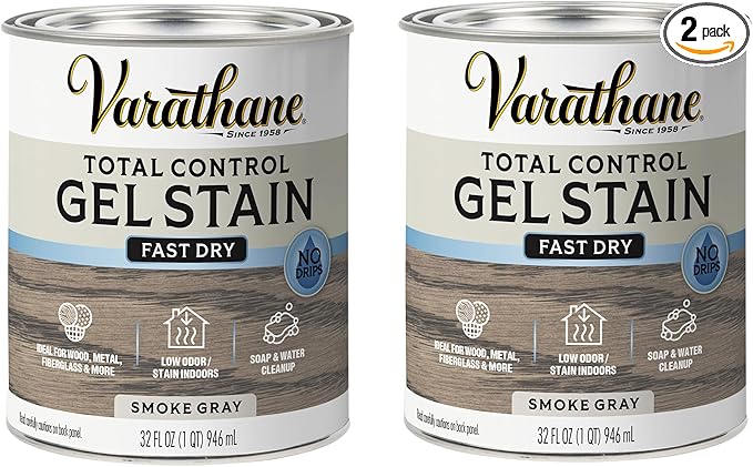 Varathane Total Control Gel Stain | Low Odor Water-Based Formula | Thick Gel Formula for Vertical Surfaces | Ideal for Wood, Metal & Fiberglass | Quart | Smoke Gray | 2 Pack