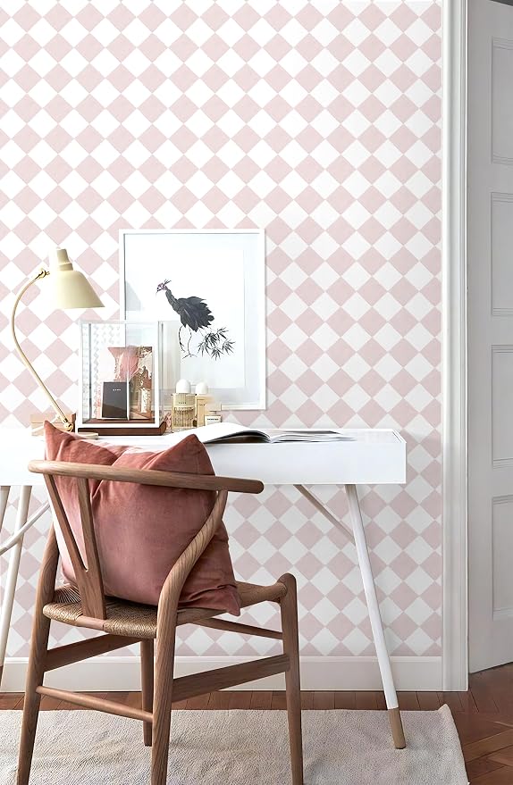 Safiyya Pink Wallpaper Geometric Checkered Peel and Stick Wallpaper Self Adhesive Removable Contact Paper Pink Check Wall Paper for Bedroom Nursery Room Cabinet 78.7"x 17.3"