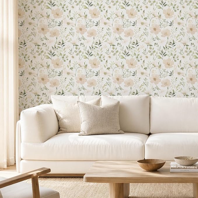 Floral Peel and Stick Wallpaper 17.7in x 393.7in | Watercolor flower removable self adhesive design for cottagecore bedroom accent walls