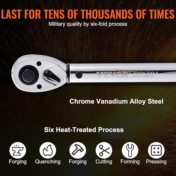 VEVOR 1/2-inch Drive Click Torque Wrench 25-250ft.lb/34-340n.m, Dual-Direction Adjustable Torque Wrench Set with Mechanical Dual Range Scales and Adapters Extension Rod