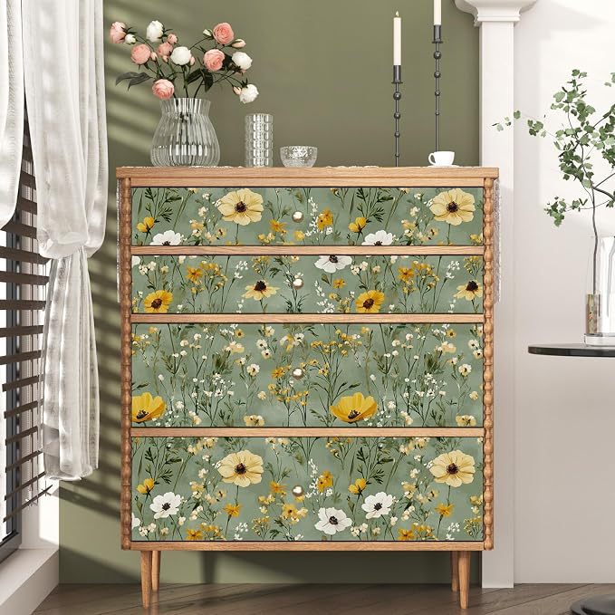 Vintage Green Yellow Daisy Floral Botanical Wallpaper 17.5"x393" | Self Adhesive/Removable/Waterproof/Thick Vinyl Contact Paper for Bathroom Bedroom Shelf Cabinet Drawer,Prepasted,Easy Peel