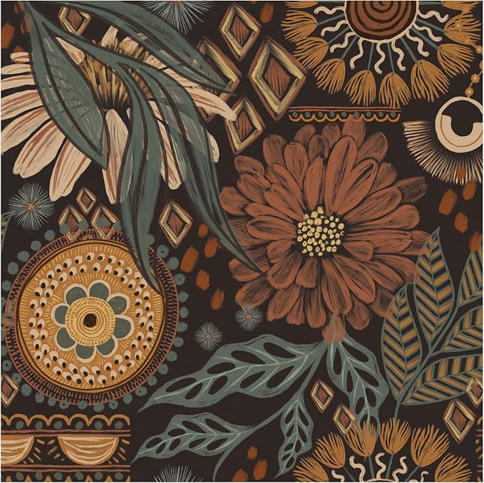 Boho Floral Peel and Stick Wallpaper Vintage Botanical Brown DIY Decor | oho Floral Peel and Stick Wallpaper Vintage Botanical Brown DIY Decor