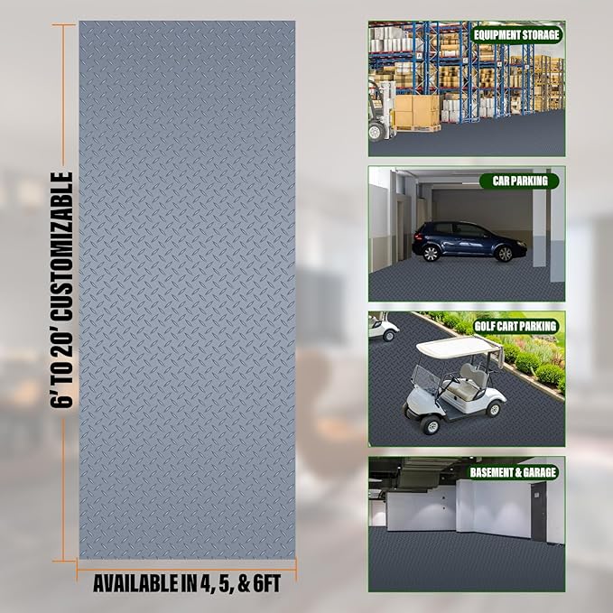 SEAL 4 x 10 Ft Premium Garage Floor Mat, Solid 2.8mm Thick Lay-Flat Gray Commercial Grade Heavy Duty Parking Mat for Garage Floor, Golf Cart, Water/Stain Resistant Runner (Embossed Diamond Plate)