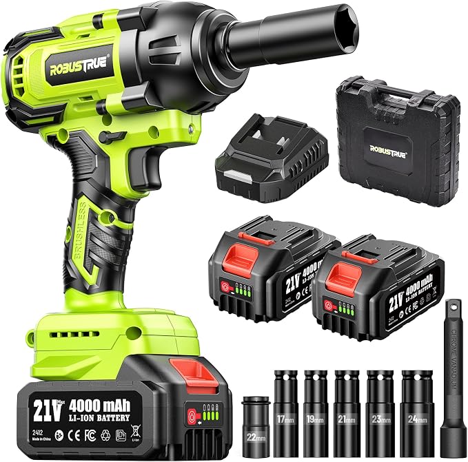 Cordless Impact Wrench, 885Ft-lbs (1200N.m) 1/2" Brushless Impact Gun | 21V High Torque Power Impact Driver, 2x4.0Ah Batteries Electric Impact Motor Variable Speeds for Car/Truck RV/Mower