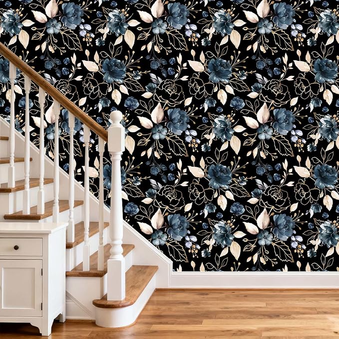 Black Gold Floral Peel and Stick Wallpaper 17.7"x393.3" | Removable thick vinyl, dark botanical design with navy blue flowers, bedroom, bathroom, renter friendly accent walls