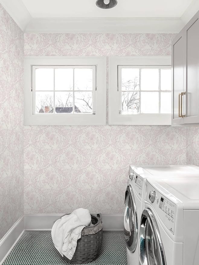 Ismoon Floral Peel and Stick Wallpaper Pink Contact Paper Boho Watercolor Damask Wallpaper Vintage Textured Removable Self Adhesive Vinyl Wall Paper Renter Friendly, 17.3 in X 32.7 ft