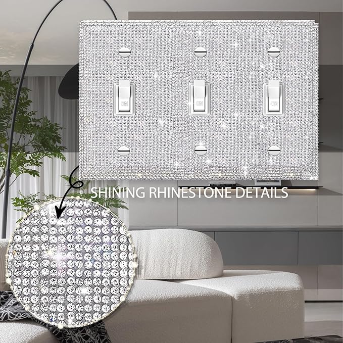 Silver Shiny Silver Rhinestones Wall Plates Light Switch Cover Plate Decorative Wall Plate 3 Gang Toggle Outlet Cover