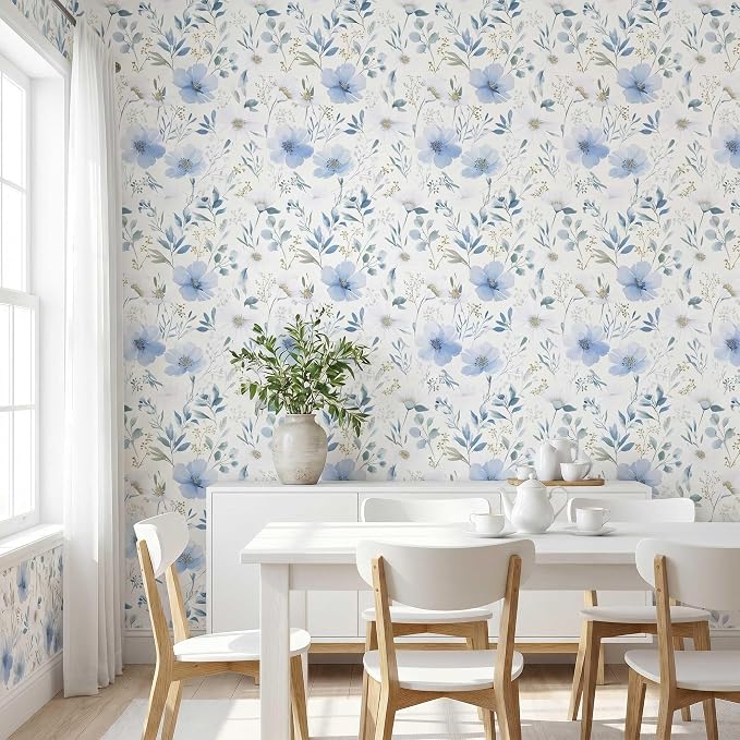 Light Blue Floral Peel and Stick Wallpaper, 17.7in x 393.7in | Self-adhesive and removable watercolor flower design for bedroom, living room, and accent wall