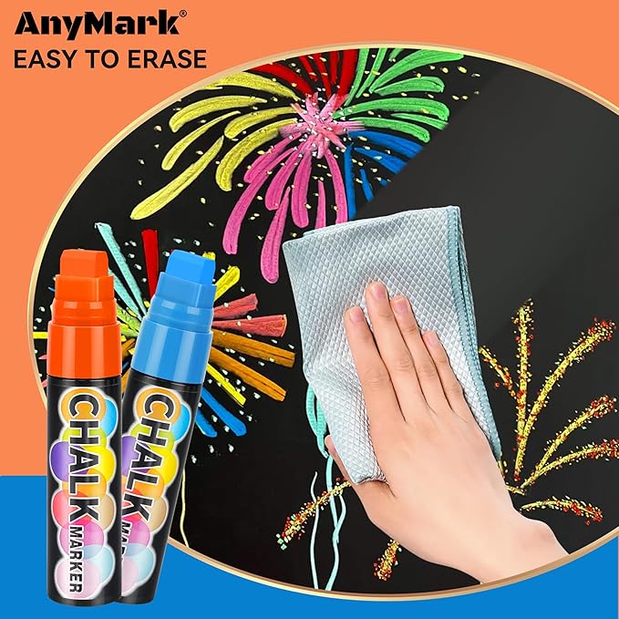 AnyMark 8 Colors Window Chalk Markers, 15mm 3-In-1 Jumbo Wide Nib Chalk Marker, Dust-Free & Non-Toxic, Erasable Chalk Markers for Blackboards, Rock Painting, Poster, Stone, Ceramic, Glass