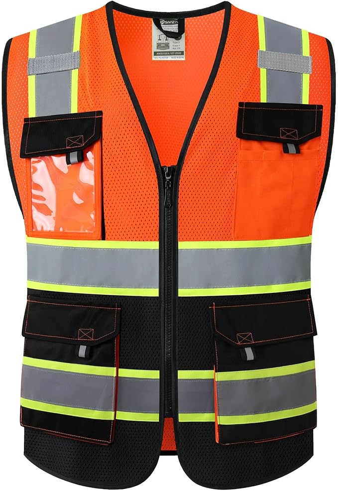 JKSafety Hi Vis Reflective Safety Vests for Men Women High Visibility Vest with Pockets Mesh Fabric Construction Safety Apparel Neon Vest for Work (220-OBlack M)