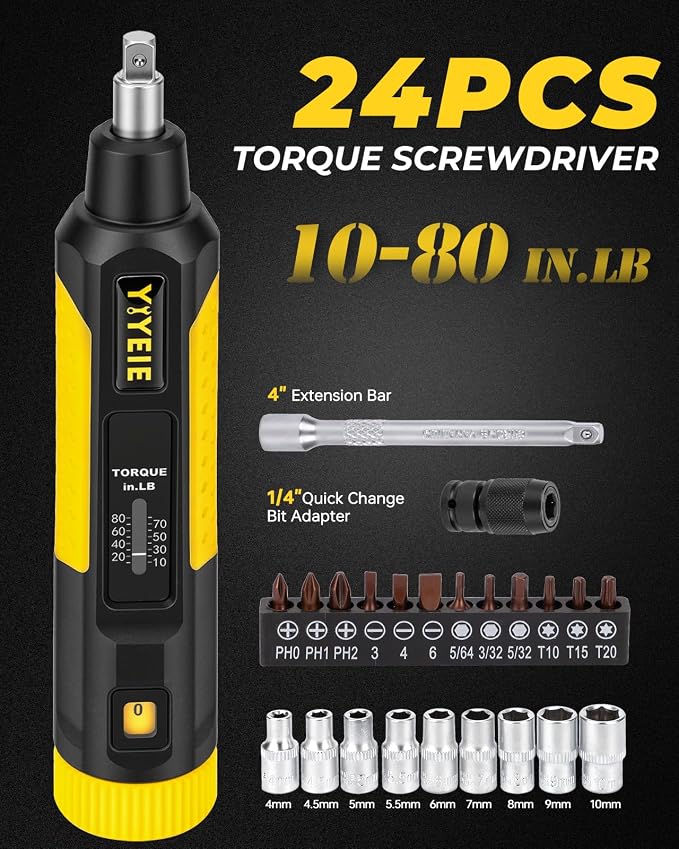 24Pcs Torque Screwdriver, 10-80 In-lb, with S2 Steel Bits, Sockets & Case | Inch Pound Torque Wrench Screwdriver Set for Maintenance -1/4" Drive Fat Wrench Screwdriver for Bike Repairing, Mounting