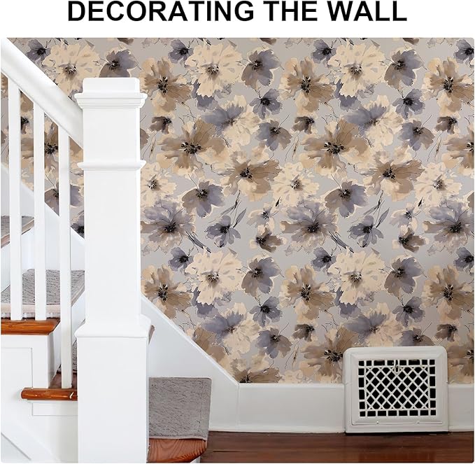 Purple Watercolor Floral Peel and Stick Wallpaper, 393" x 17.3" Vintage Removable Waterproof Self Adhesive Wall Paper, Brown Flower Contact Paper Peel and Stick for Classroom Cabinets 48.5 sq.ft