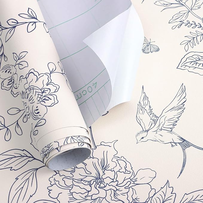 Froluya Cream White and Blue Floral Wallpaper Peel and Stick Wallpaper 17.7"x590.5" Vintage Floral Peel and Stick Wall Paper Removable Boho Self Adhesive Contact Paper for Bedroom Bathroom Vinyl