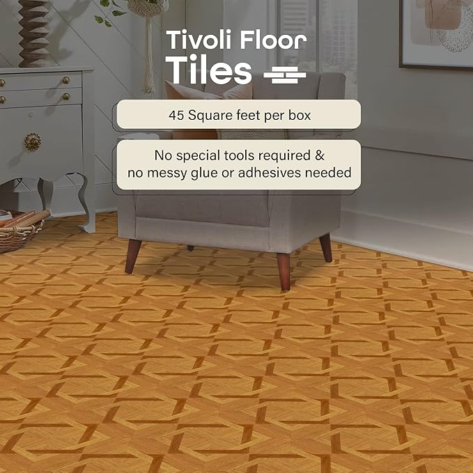 Tivoli Self Adhesive Vinyl Floor Tiles, 45 Tiles - 12" x 12", Wood Diamond - Peel & Stick, DIY Flooring for Kitchen, Dining Room, Bedrooms, Basements & Bathrooms by Achim Home Decor