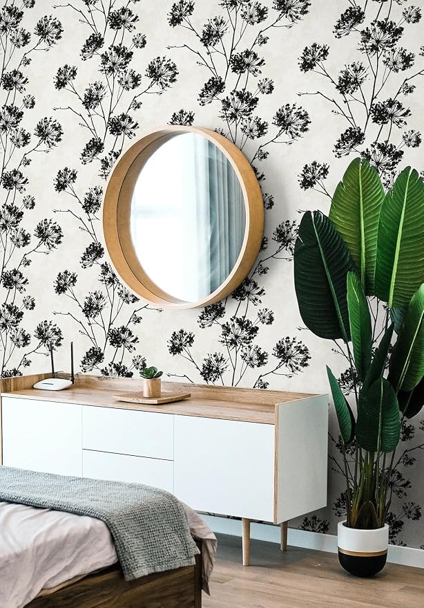 NextWall Harry & Grace Dandelion Floral Peel and Stick Wallpaper (Ebony)