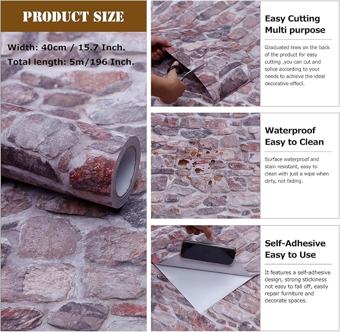 Peel and Stick Wallpaper Stone Brick Wall Paper Self-Adhesive Waterproof Decorative Covering Removable Vinyl Wallpaper Faux 3D Stone Look Brick Shelf Paper 15.7" X 196"