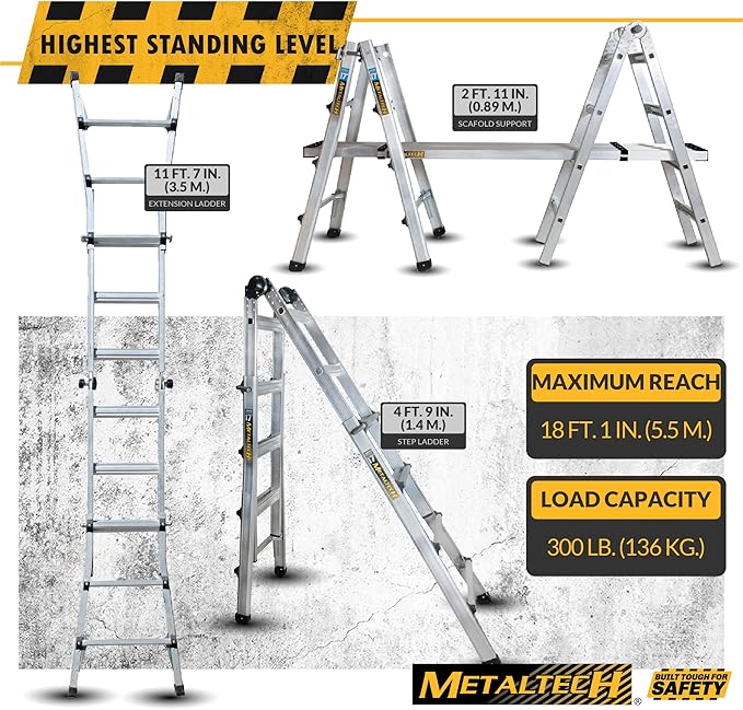 Metaltech E-MTL7100AL Jobsite Series 18-ft.-Reach Aluminum Telescoping Multi-Position Step Ladder for Home Improvement and Construction, Multipurpose Extension Ladder, Step Ladder, Scaffolding Support