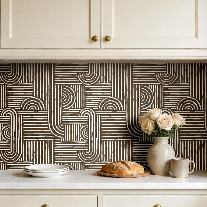 Livelynine Brown Geometric Wallpaper Peel and Stick Bold Abstract Wallpaper Living Room Accent Wall Paper Removable Minimalist Mid Century Modern Contact Paper for Cabinets Self Adhesive 17.5x78.8