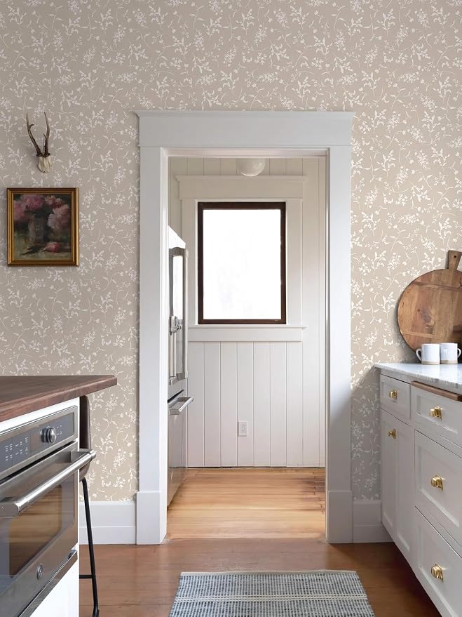 Ismoon Floral Wallpaper Peel and Stick Brown Neutral Contact Paper Wildflowers Leaf Stick on Wall Paper Textured Removable Self Adhesive Vinyl Wallpaper for Bedroom Bahtroom Wall Decor 17.3x196in