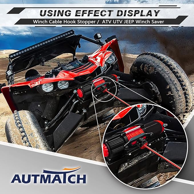 AUTMATCH Winch Cable Hook Stopper (2 Pack), Silicone Rubber Winch Stopper for Wire & Synthetic Rope, Winch Line ATV UTV, Shock Absorbent Prevent Pulling Bounce and Abrasion, Black & Red