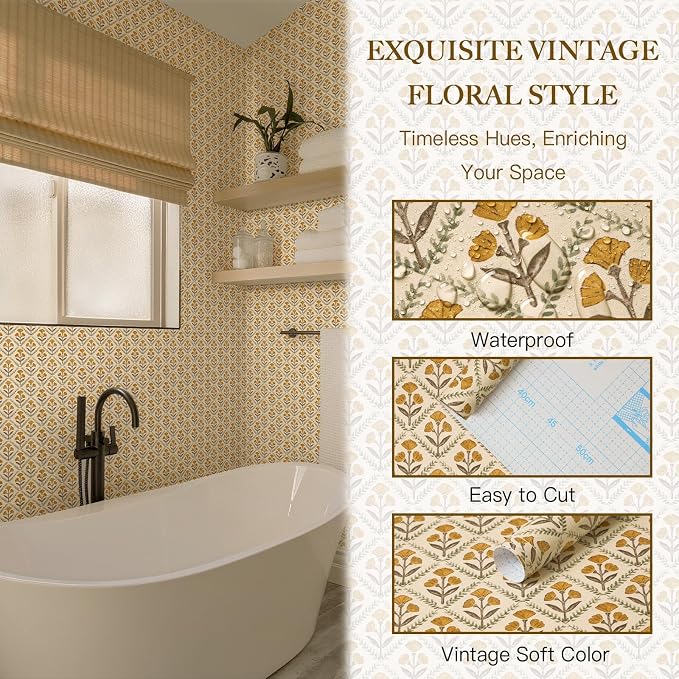 Dimoon 394"x17.3" Peel and Stick Wallpaper Floral Cute Contact Paper Vintage Village Country Cottage Wallpaper Farmhouse Yellow Beige Renter Friendly Geometry Waterproof Embossed Kitchen Bedroom