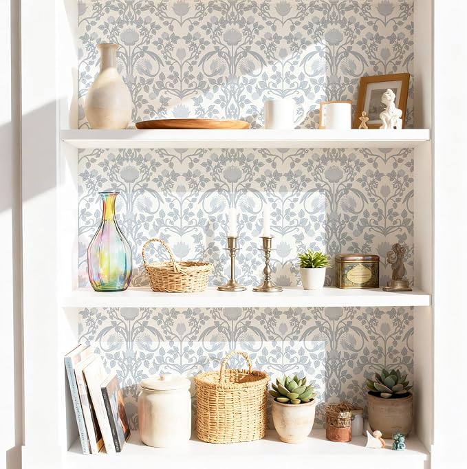 YXTII 590.5" × 17.3" Blue Floral Peel and Stick Wallpaper, Damask Vintage Wallpaper for Bedroom Bathroom Self Adhesive Removable
