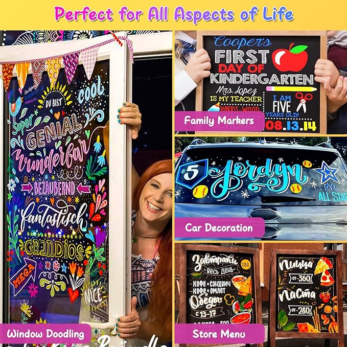 SFAIH 8 Vibrant Liquid Chalk Markers Erasable - Chalk Pens for Blackboard, Calendar, Windows, Glass, Bistro, Stores, Signs, Zero Dust, Non-Toxic, 4.5mm Reversible Tip, With Highlighter Color Markers