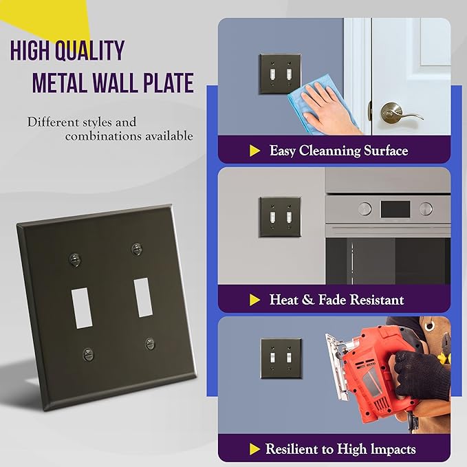 ENERLITES Toggle Light Switch Metal Wall Plate, Stainless Steel Switch Cover, Corrosion Resistant, Standrad Size 2-gang 4.50" x 4.57", Stainless Steel 201, 7712-PBK, Polished Black