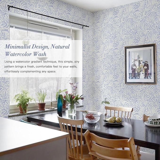 Heroad Peel and Stick Wallpaper Boho Blue Contact Paper Modern Botanical Wall Paper Waterproof Self Adhesive Removable Wallpaper for Bathroom Bedroom Kitchen Living Room Vinyl 17.3''x393''