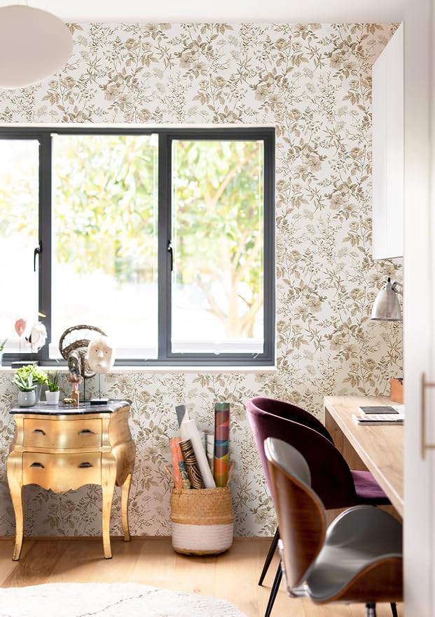 Erfoni 16.9" x197" Beige Floral Peel and Stick Wallpaper Boho Floral Leaf Contact Paper Boho Self Adhesive Wall Paper Flower DIY Removable Decoration Wallpaper for Livingroom Accent Wall Covering