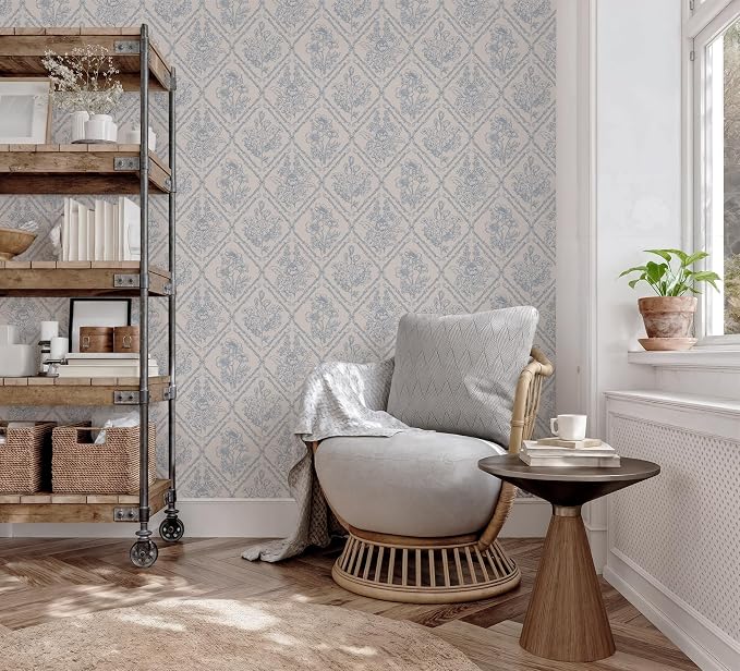 Toduso Peel and Stick Wallpaper Vintage Wall Paper Boho Contact Paper Blue Removable Wallpaper for Kitchen Bathroom Bedroom Floral Waterproof Self Adhesive Vinyl Drawer Decor 17.3"x78.7"