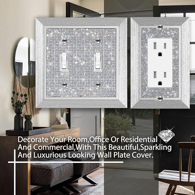 1 Pcs Shiny Rhinestones Switch Wall Plate Double Gang Toggle Imitation Wood Grain Light Switch Covers Decorator Plate Outlet Wall Plates