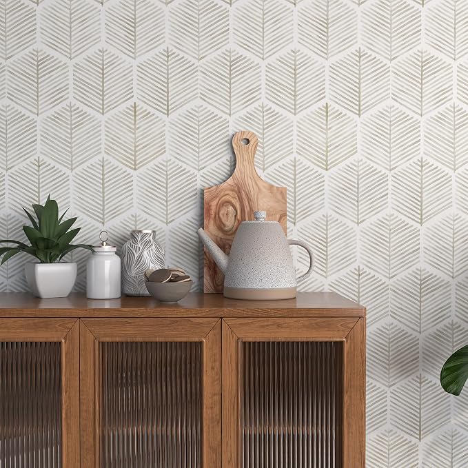 MelunMer Geometric Peel and Stick Wallpaper Boho Beige White 17.3''×591'' | Beige Modern Self Adhesive Removable Wallpaper for Bathroom Waterproof Cabinets Drawer, Decor Easy to Install Renter Friendly