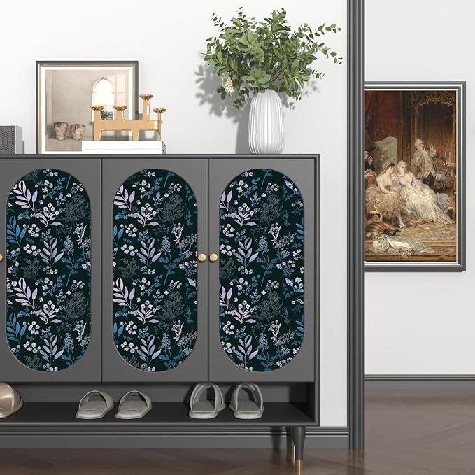 Laatse Vintage Blue Wallpaper Peel and Stick Dark Pink Floral Wallpaper 17.5'' x 118'' Dark Blue Leaf Contact Paper Vinyl Waterproof Self Adhesive Boho Botanical Wall Paper for Bedroom Cabinet Décor
