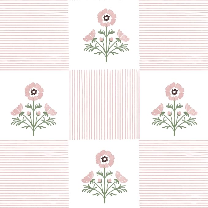 Guvana Pink Floral Peel and Stick Wallpaper Vintage Floral Wallpaper Boho Wall Paper Removable Modern Contact Paper Vinyl Self Adhesive for Bedroom Bathroom Kitchen Livingroom Covering 17.3" x 78.7"