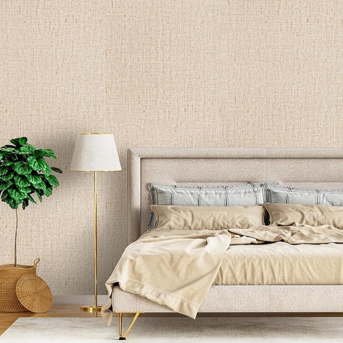 Beige Grasscloth Peel and Stick Wallpaper Textured 15.7in x 590.6in | Faux Linen Wallpaper Peel and Stick Vintage Grasscloth Contact Paper Self Adhesive Removable Contact Paper for Bedroom Vinyl
