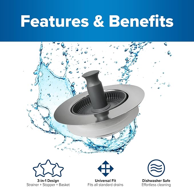 2-Pack Drain Hero™ 3-in-1 Kitchen Sink Strainer, Stopper & Basket – Stainless Steel, Anti-Clog, Dishwasher Safe