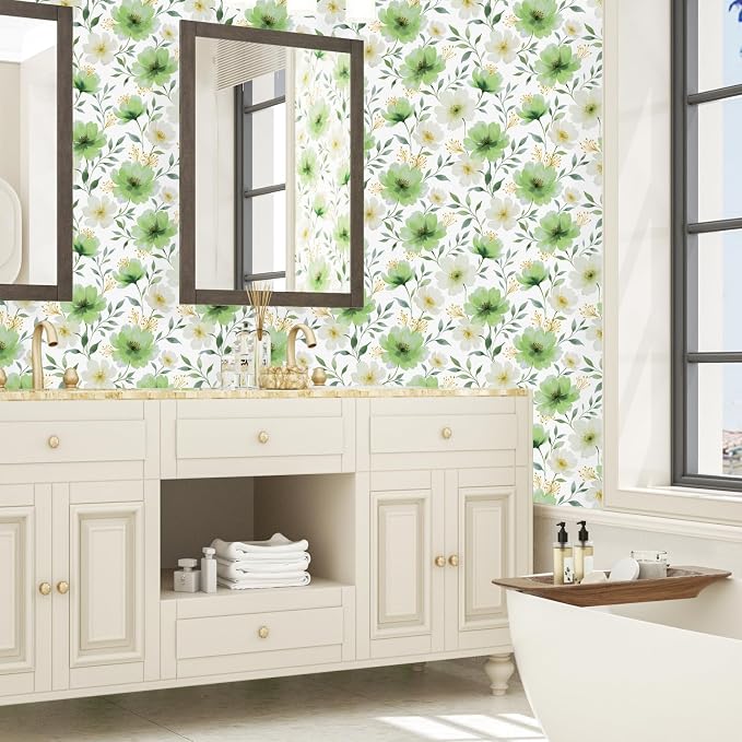 ILHIIOR White Floral Peel and Stick Wallpaper Boho Leaf Contact Paper Green Flower Removable Self Adhesive Waterproof Wall Paper for Cabinet Drawers Wall Decor Renter Friendly 17.5''x118''