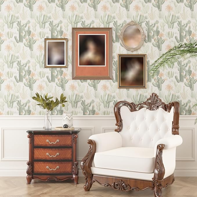 Light Cactus Floral Peel and Stick Wallpaper 17.5" x 118",Beige | Self Adhesive/Removable/Waterproof/Thick Vinyl Contact Paper for Bathroom Bedroom Shelf Cabinet Drawer,Prepasted,Easy Peel