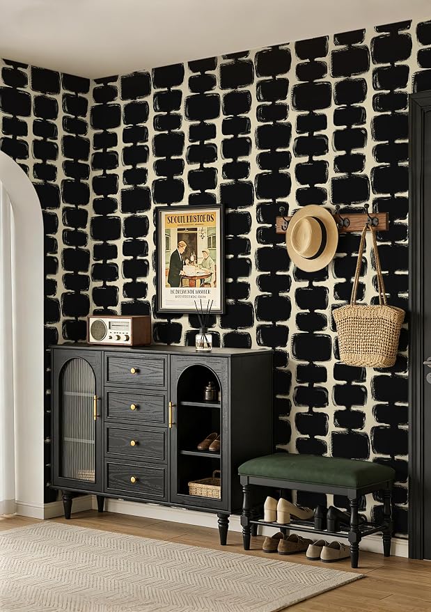 Safiyya Peel and Stick Wallpaper Black and Cream White Contact Paper Mid Century Modern Abstract Geometric Wall Paper Self Adhesive Removable Wallpaper for Bathroom and Bedroom Vinyl 17.3"x78.7"