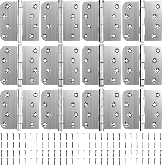 KOLET Ball Bearing Door Hinges, 4 x 4 Inches Stainless Steel Hinges, Exterior Door Hinges, Square and 5/8'' Radius Corner, Smooth and Quiet, Non Removable Pin, Brushed Nickel, 12 Pack
